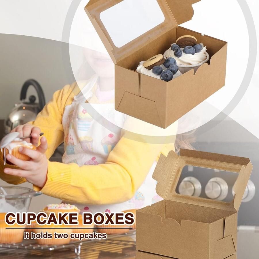 50 stuks Cupcakedozen met 2 gaten en venster en karton bruine papieren kraft cakes dozen kleine bakkerij gebak dozen voor cupcake gebak koekjes desserts kraft