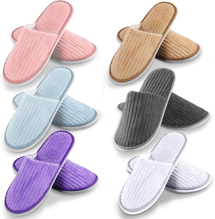 6 paar gastenpantoffels: hotelslippers universele x badstofslippers gesloten wasbare anti-slip schoendoppen koraalfleece tenen