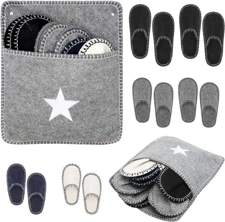 6 paar vilten antislip gastenpantoffels set met opbergtas comfortabele uniseks pantoffelset