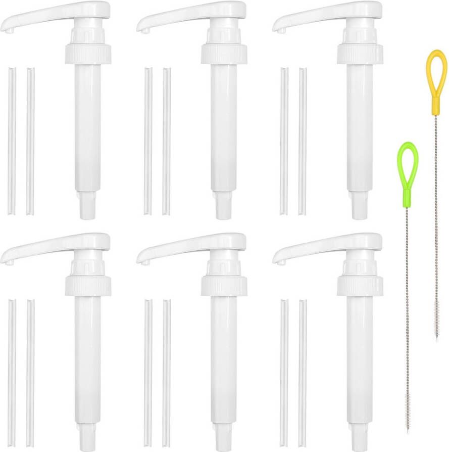 6 Pcs Dosing Pump Syrup Pump Dispenser Syrup Dispenser with Cleaning Brush Reusable Pump Attachment Syrup for 500ml 1000ml and 28 410 Holders