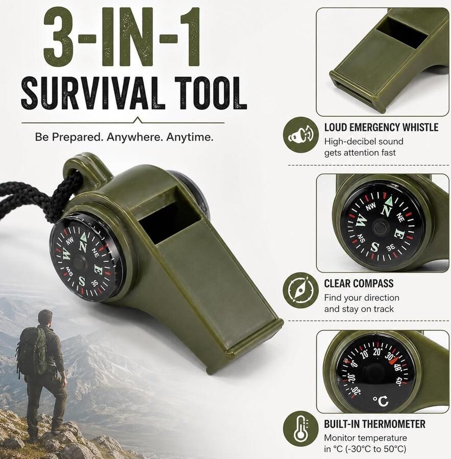 6 stuks fluiten 3 stuks 3-in-1 kompas met trilfluitje en thermometer mini-zakkompas helder geluid met sleutelkoord voor outdoor wandelen kamperen bergbeklimmen (groen)
