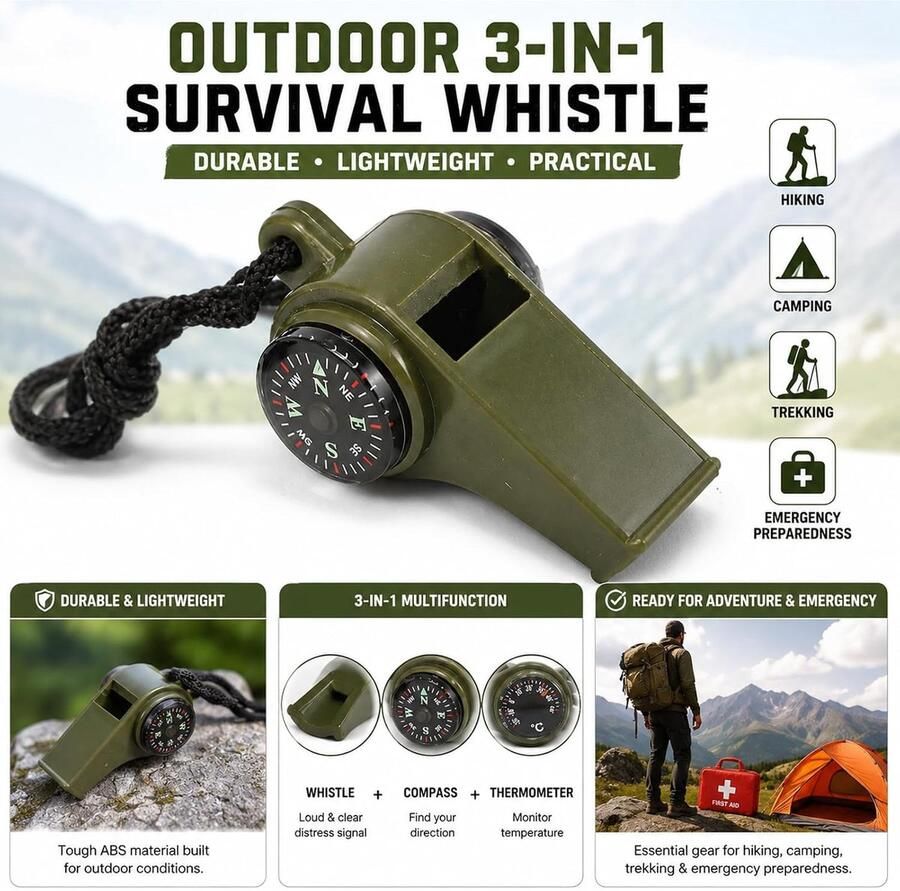 6 stuks fluiten 3 stuks 3-in-1 kompas met trilfluitje en thermometer mini-zakkompas helder geluid met sleutelkoord voor outdoor wandelen kamperen bergbeklimmen (groen)