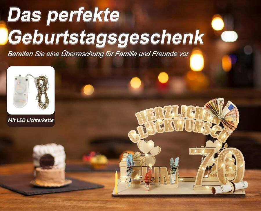 70e verjaardag geldgeschenk hout met LED lichtketting standaard