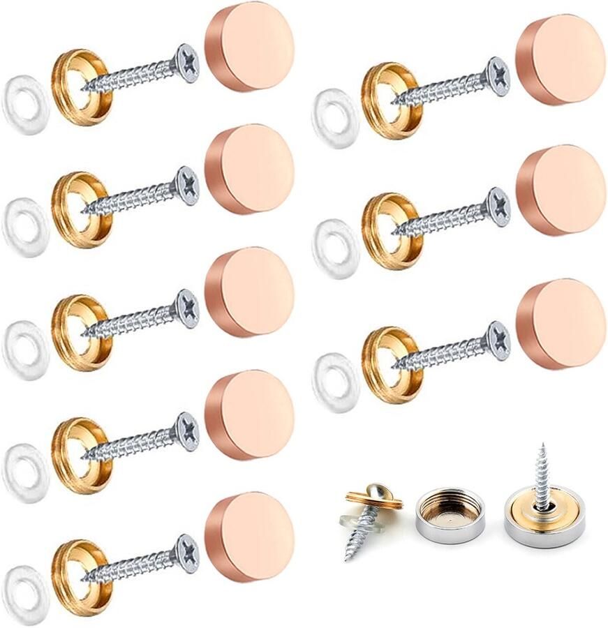 8 sets spiegelschroeven 21 mm messing gepolijste sierschroeven met decoratieve doppen schroefmoeren voor spiegels glazen badkamerplaten kledingkasten meubels tafels