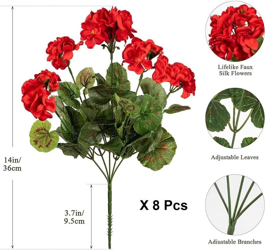 8 Stuks Kunstmatige Geraniums voor Buitenshuis UV-bestendige Nep Geraniums Bloemen Zijden Faux Geraniums Bloemen voor Buiten Binnen Huis Balkon Decoraties