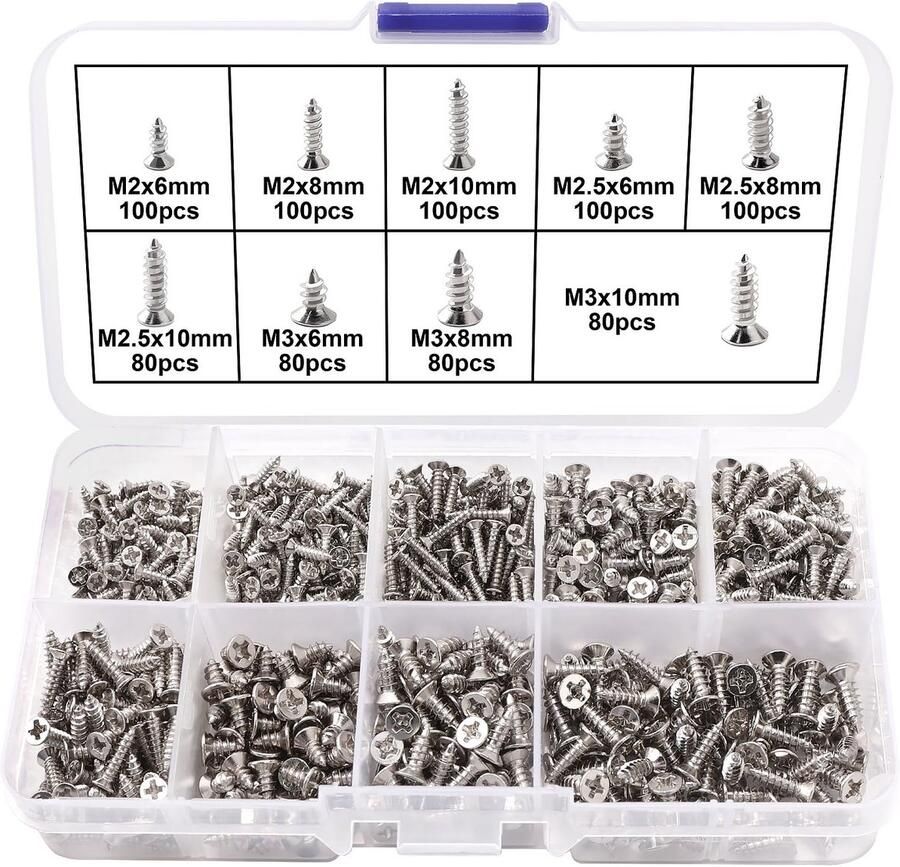 820 Stuks M2.5 M3 Set Kleine Houtschroeven Verzonken Kruiskopschroeven voor Hout Gipsplaat Meubels Reparaties (Zilver Miniatuur)