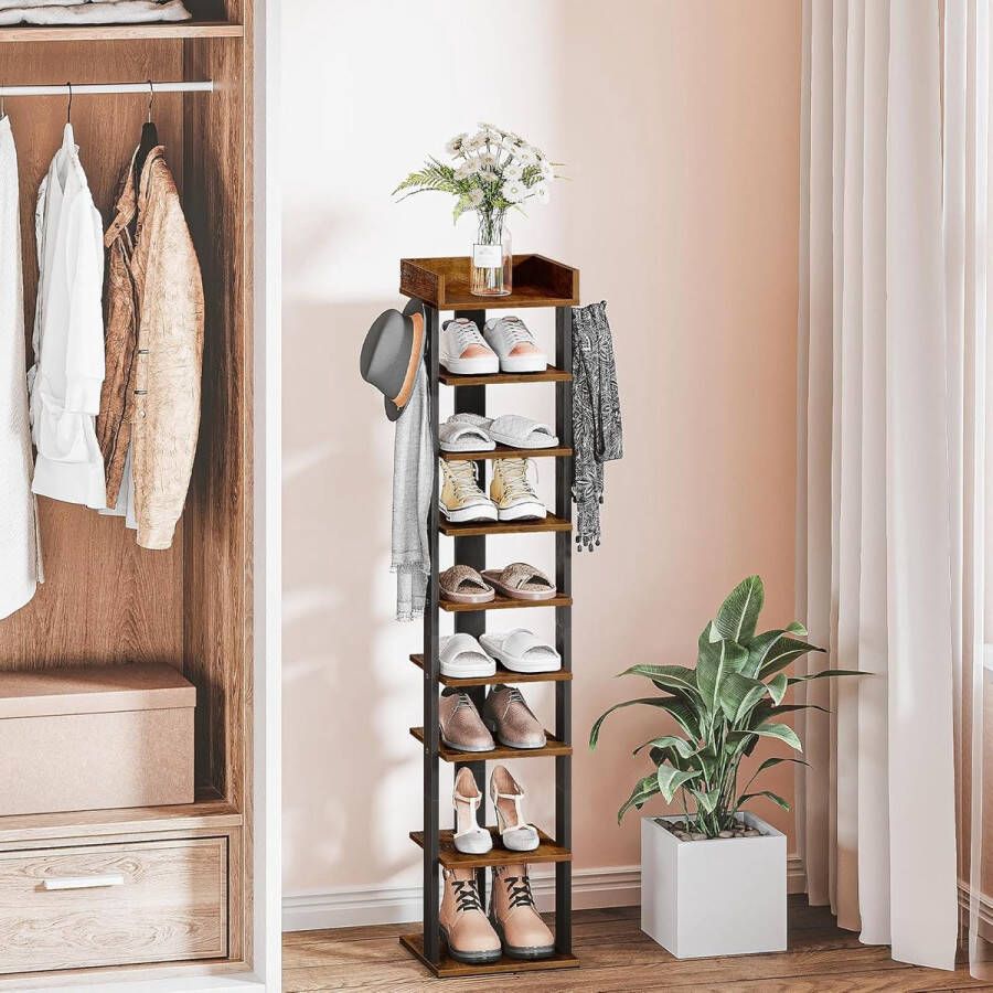 9-Laags Smal Schoenenrek Houten Schoenenopberger met 2 Haken Slank Verticaal Design voor Hal Industrieel Rustiek Bruin Zwart