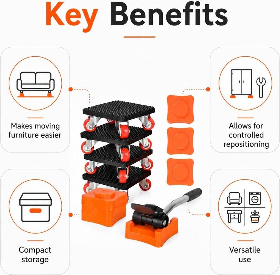 9-Piece Furniture Movers Furniture Lifter Set with 360° Rotating Rollers Lifting Lever and Height Adjusters Furniture Sliders for Moving Sofa Bed Refrigerator and Smooth Floors