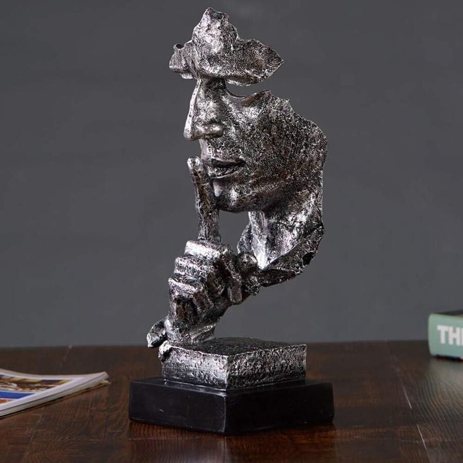 Abstracte en creatieve bureau-decoraties De Denker Standbeeld Hand- en gezichtsbeelden en sculpturen voor Huis Wonen Kamer Decor (Stilte Zilver)