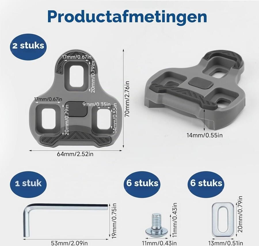 Accessoire Set voor Fietsschoenen met Grip Antislip en Compatibel met 3-Holes Pedalen Ideaal voor Fietsen en Racefietsen (Grijs 4.5°)