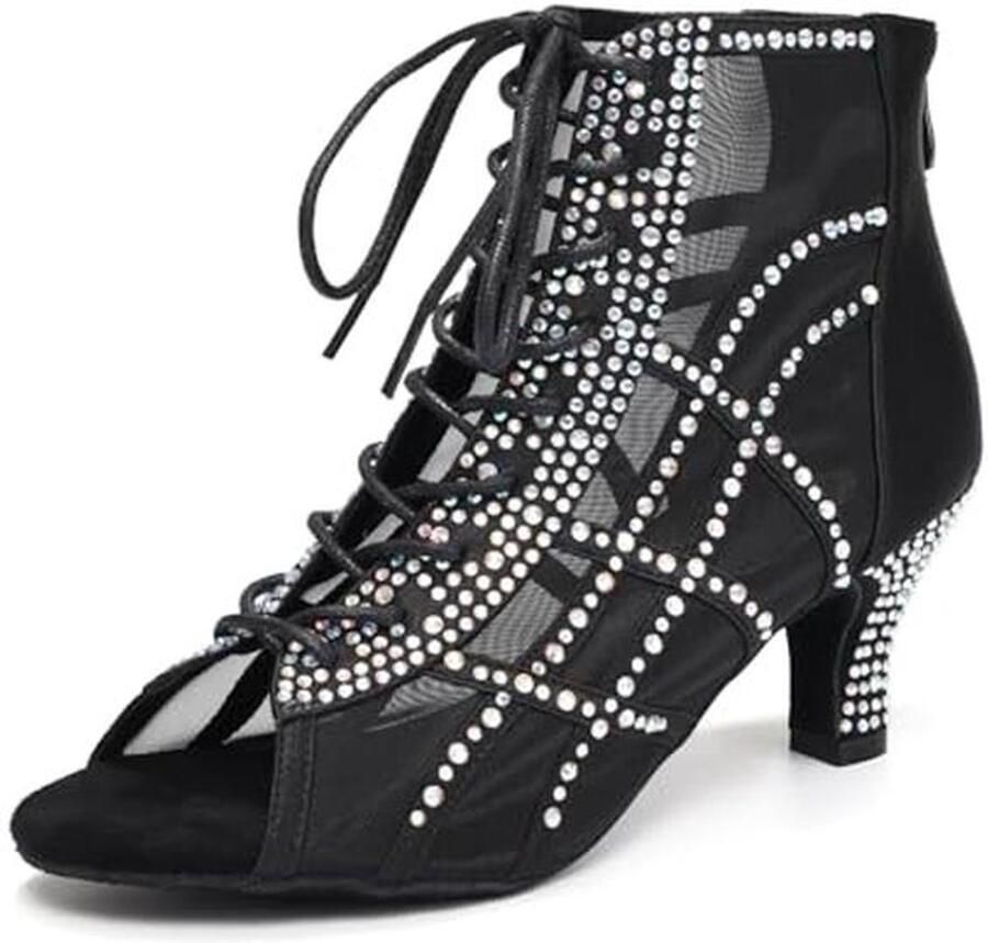 Ademende dansschoenen met strass voor dames Salsa laarzen met suède zool