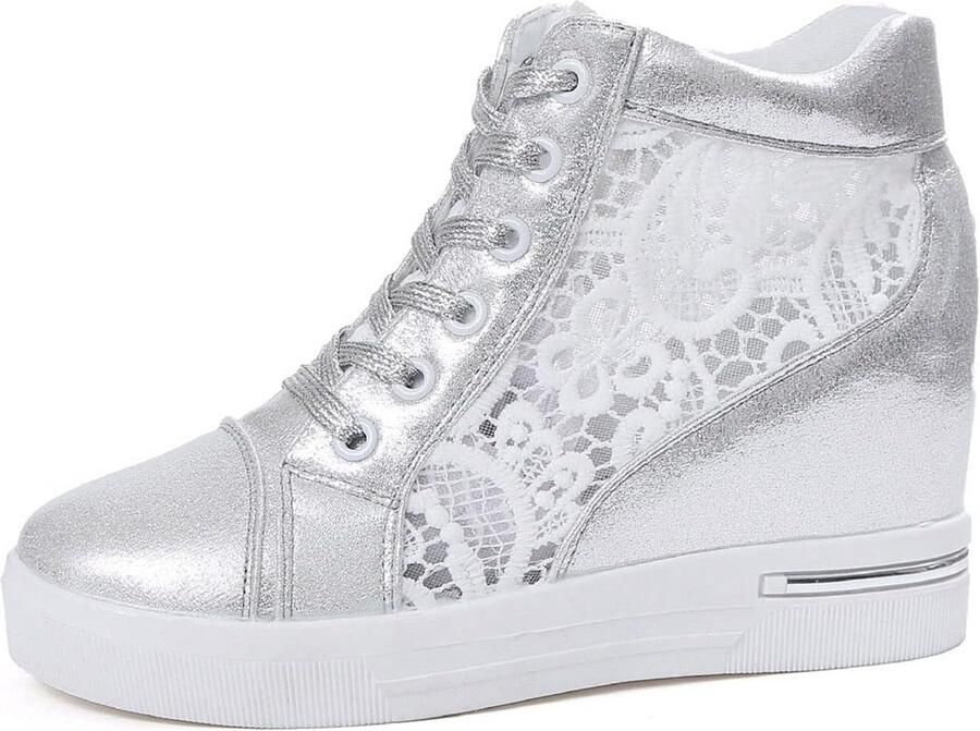 Ademende High Top Sneakers Dames met Borduurwerk en Wigsneakers
