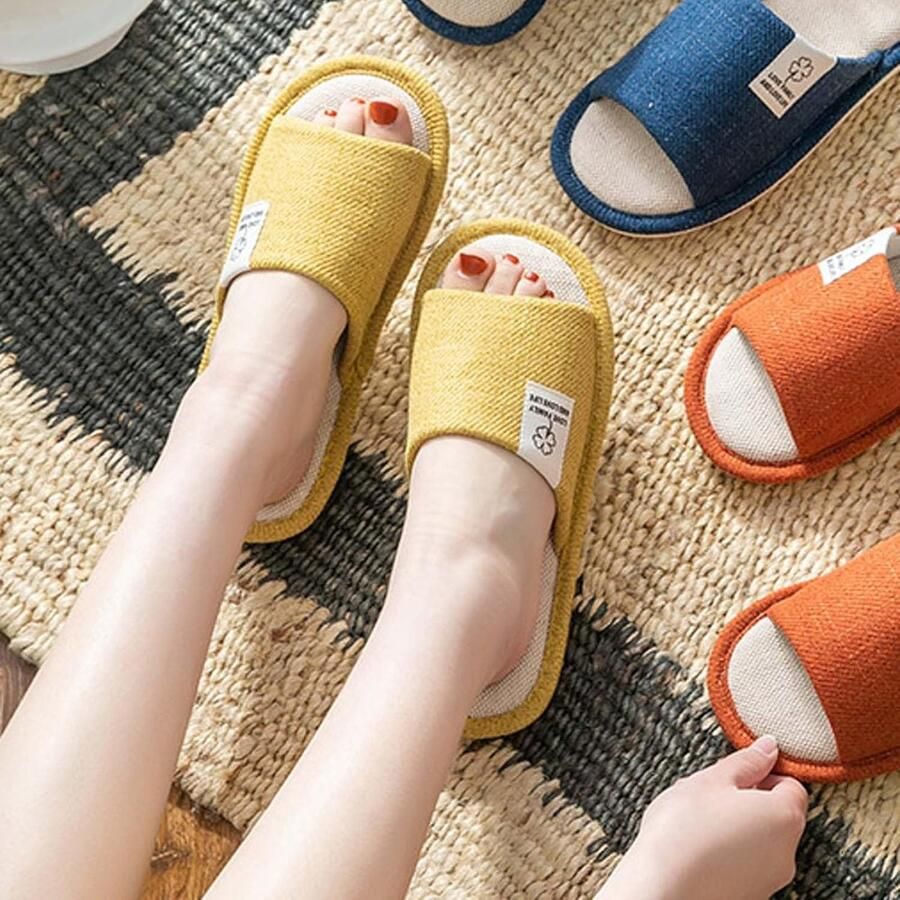 Ade de Linnen Slippers voor Thuis en Hotel Antislip Slippers voor en Geel