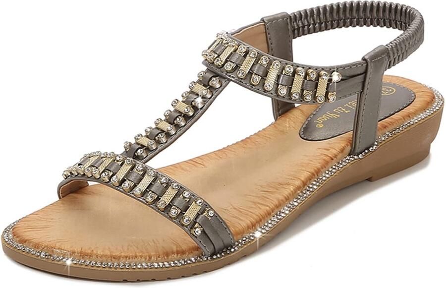 Aladdien Dames Sandalen Casual Zomer Schoenen Grijs Open Teen Sparkly Kralen Geschikt voor Vrouwen Platte Schoenen