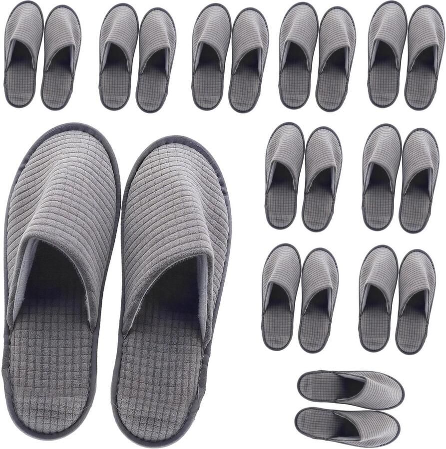 Dailygoods- Hotelpantoffels 10 paar Antislip Dikke zool 7 mm Zachte badstof Comfortabele slippers Grijs