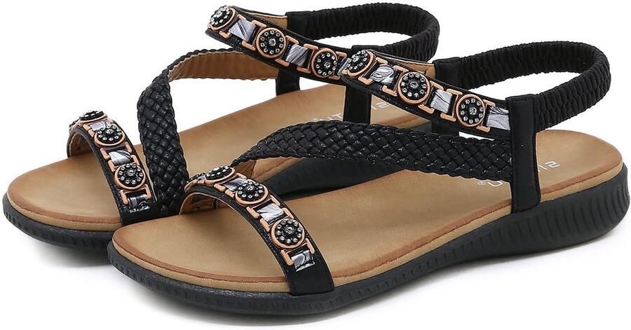 Aladdien Vrouwen Zomer Sandalen Casual Flip Flops Comfortabele T-Strap Bruin of Zwart Bling Kralen Perfect voor Strand en Dagelijkse Act