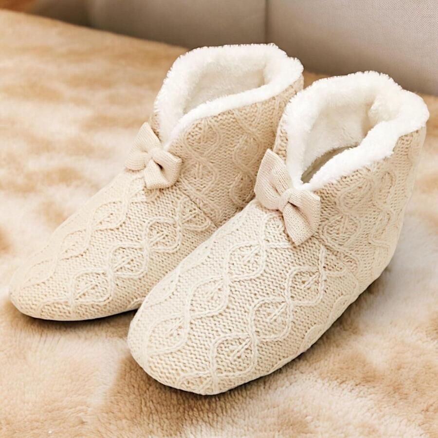 Allecta Gebreide antislip pantoffels voor dames met schattige strik Comfortabel en plat ontwerp