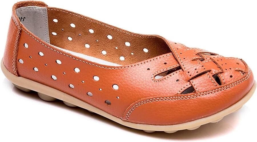 Allecto- Comfortabele Lederen Loafers Casual Mocassins Zachte Wandelen Boot Schoenen Ronde Teen Vrouwen ORANJE