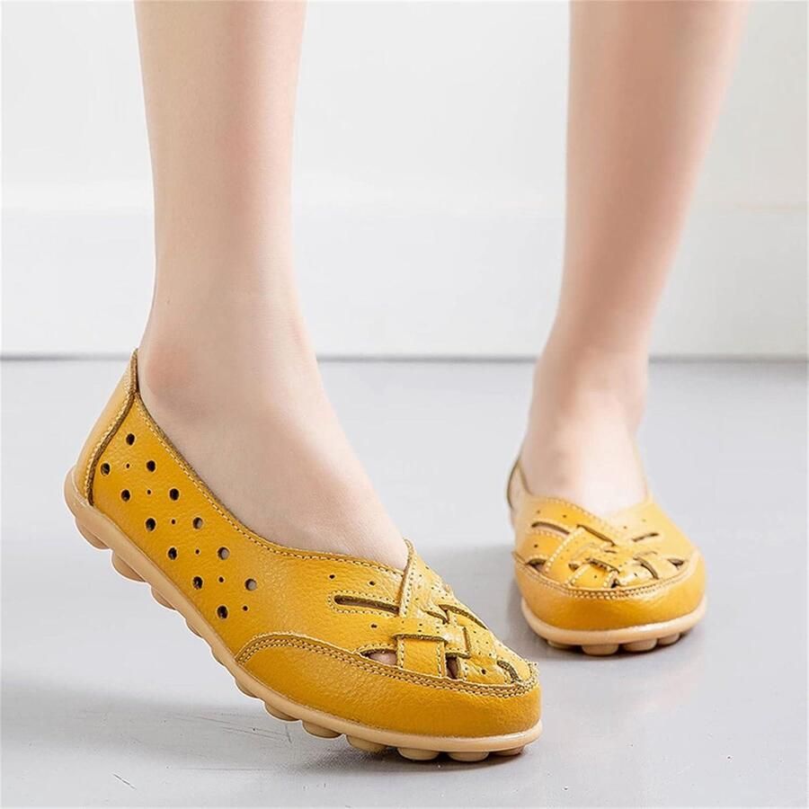 Allecto- Comfortabele Lederen Loafers Casual Ronde Teen Mocassins Rijden Flats Zachte Wandelen Boot Schoenen Vrouwen Geel Geschikt voor