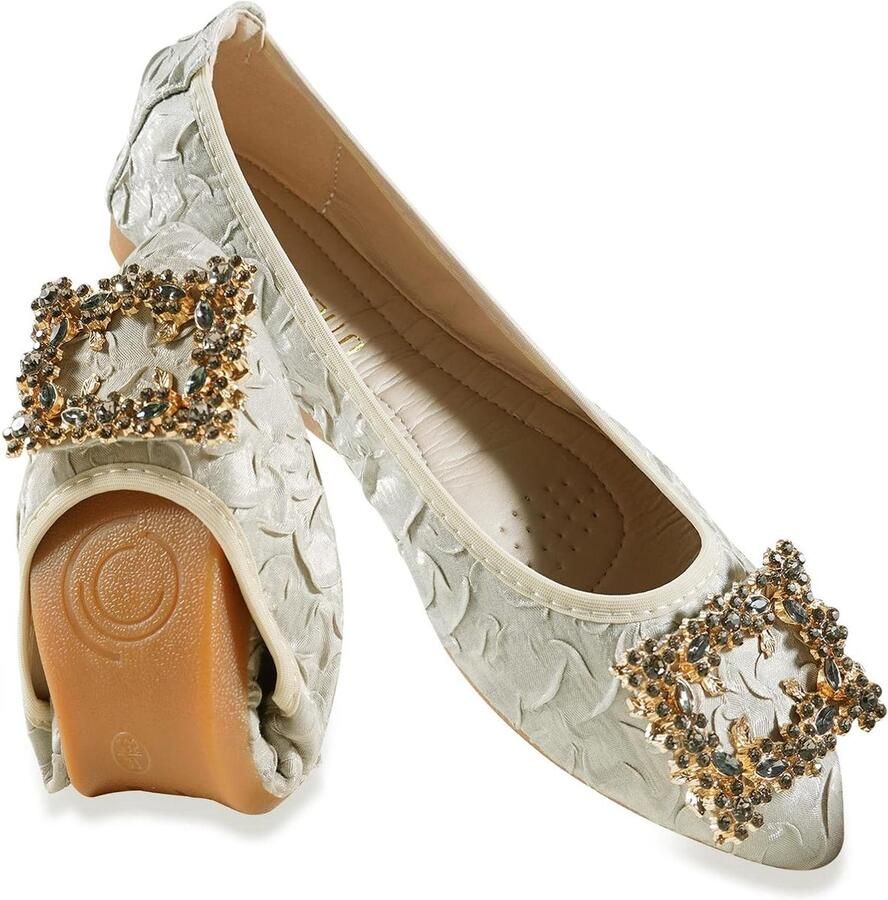 Allecto- Comfortabele Vrouwenschoenen Flats Bruiloft Puntige neus Slip On Balletschoenen Sparkly Juweel Geschikt voor Feestjes Zilverkleurig