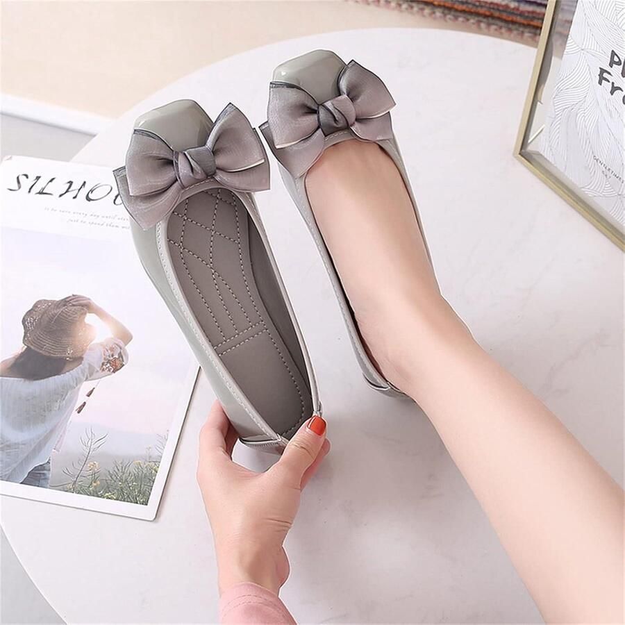 Allecto- Dames Ballerina Flats Casual Geheugen Schuim Dressy Vlinderdas Grijs 38.5 EU Geschikt voor Vrouwen Memory Foam Square Toe Bow-Knoop Slip Ons Cute Pumps Dolly Shoes