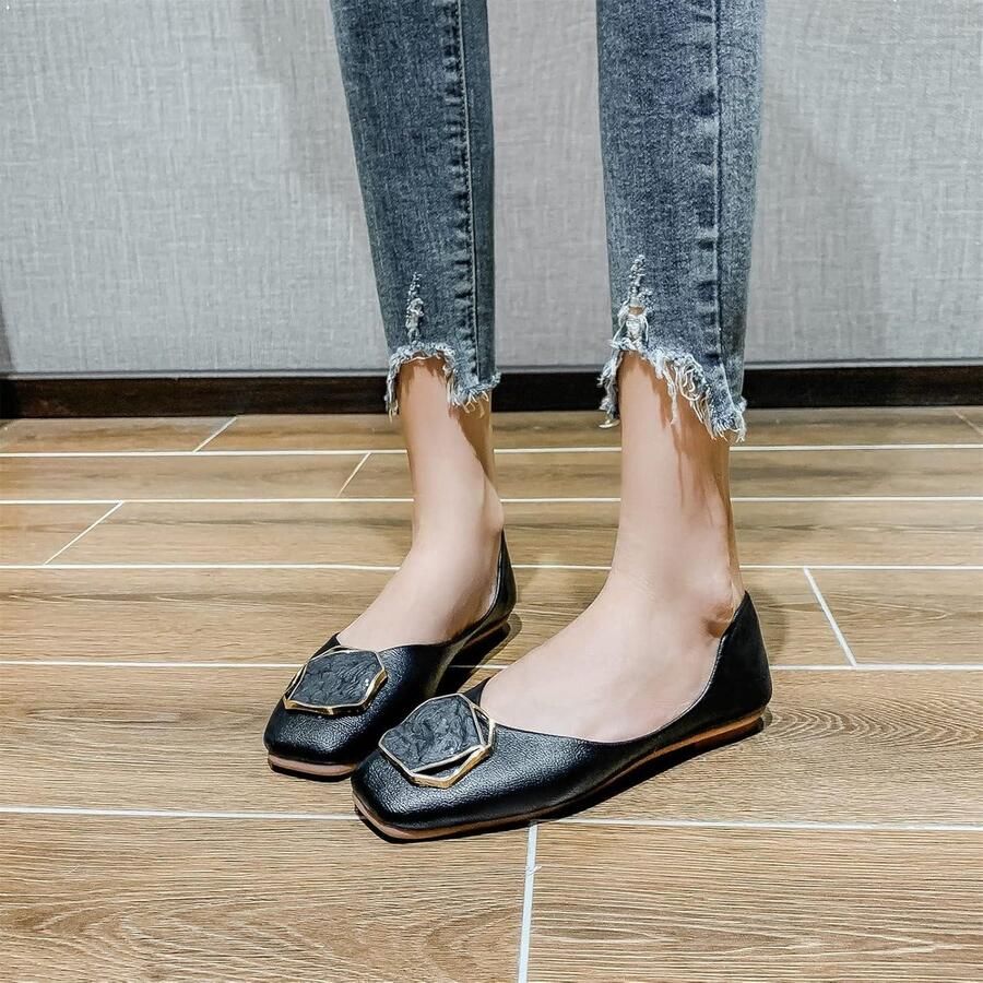 Allecto- Dames Ballerina Schoenen Comfortabel Zwart Vierkante Teen Casual Geschikt voor Dagelijks Gebruik Zomer Vrouwen Slip On Ballet Flats Pumps Schoenen Dames Zwart 40.5