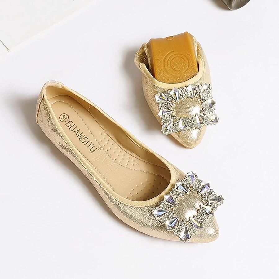 Allecto- Dames Ballerina's Opvouwbaar Draagbaar Plat Strassteentjes Comfortabel Instappers Geschikt voor wandelschoenen Zilver