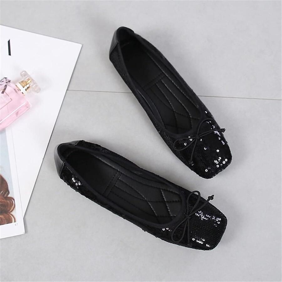 Allecto- Dames Ballerina's Vierkante Teen Sparkly Pailletten Zwarte Dressy Pumps Slip On Casual Geschikt voor Party Zwart