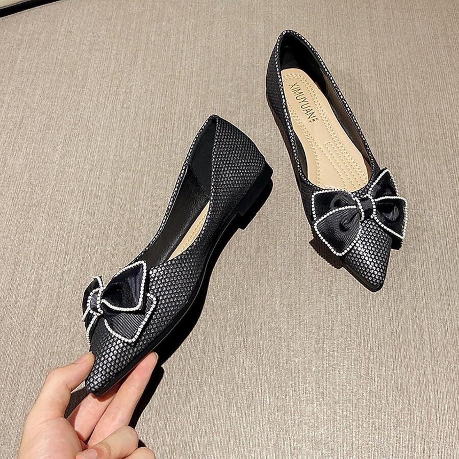 Allecto- Dames Ballet Schoenen Platte Slip-on Met Strikken Zilveren Kralen Casual Ballerina Pumps Loafers Geschikt voor Dressy Outfits Zwart