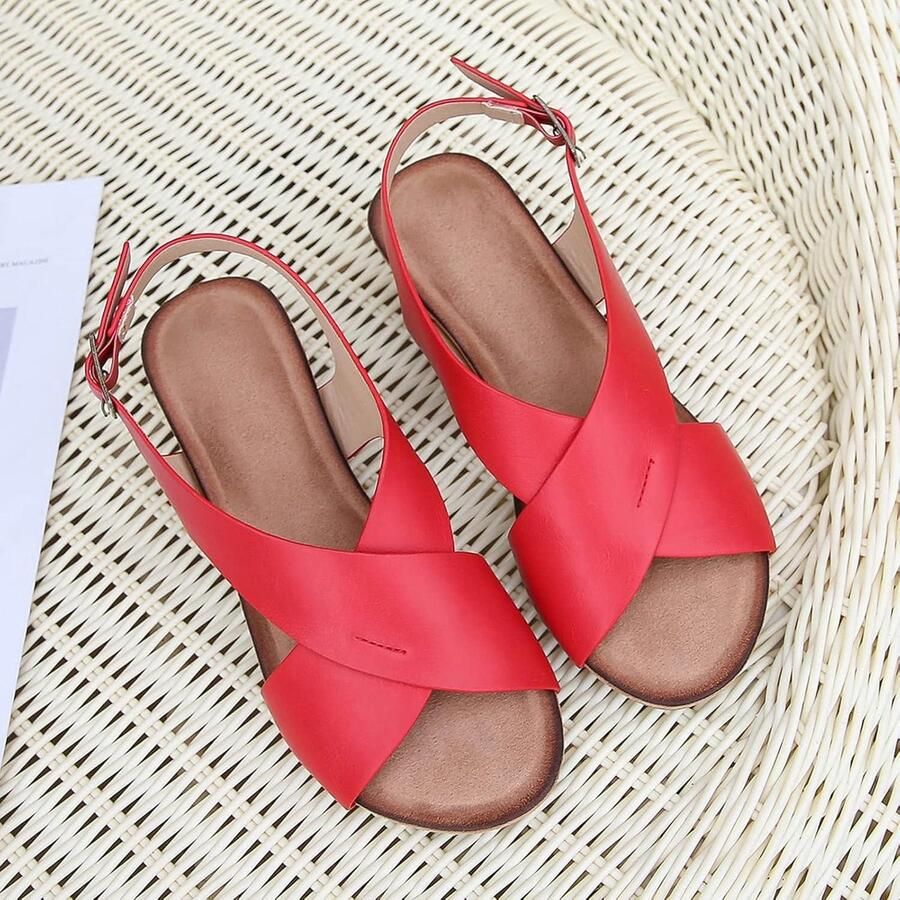 Allecto- Dames Sandalen Zomer Comfortabel Trendy Rood Platform Cross Strap Gesp Geschikt voor Outdoor Dames Schoenen Zomer Mode Trendy Comfortabele Rode Sandalen met Platform en Gesp
