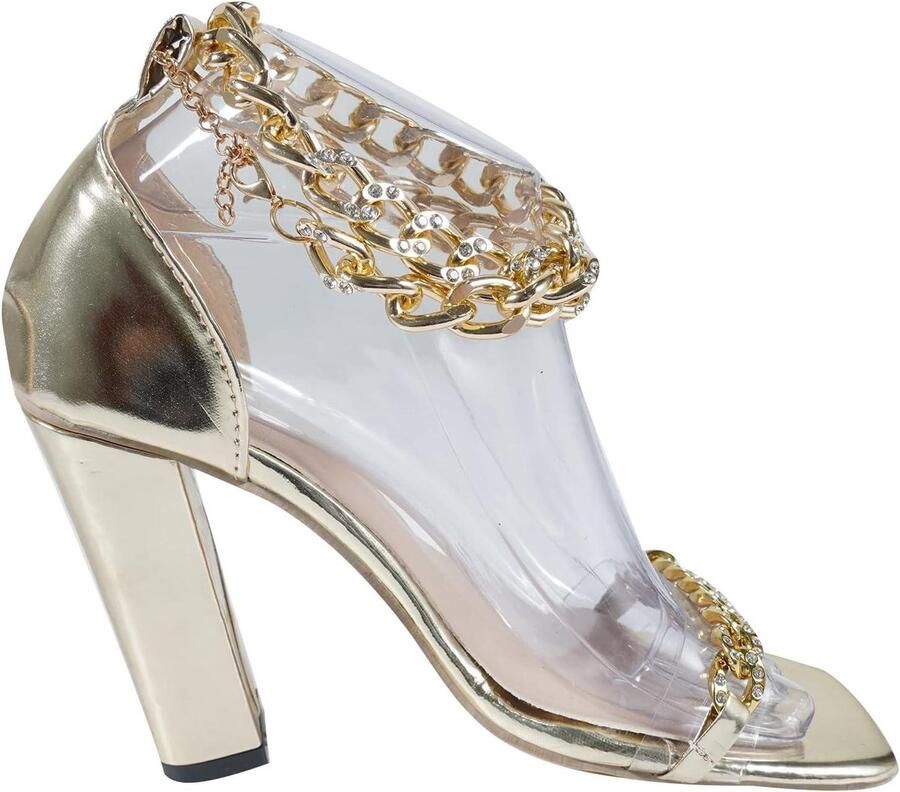 Allecto- Dames Sandalen Zomer Goud Blok Hak Mode Feest Wrap Gouden Ketting Peep Toe Lage Hak Geschikt voor Dames Goudkleurige Kettingwrap Mode Sandalen voor Dames