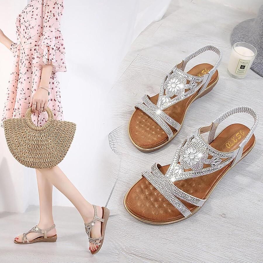 Allecto Dames Sandalen Zomer Open Teen T-Bar Bloemendesign Platte Schoenen Geschikt voor Zomerjurkjes Roze