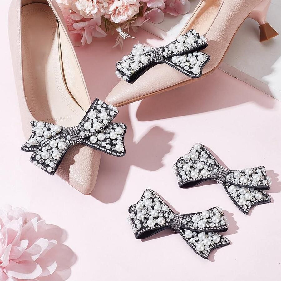Allecto- Decoratieve Parel Boog Schoen Clips Zwarte Strik Sieraden Clips Voor Vrouwen Sneakers en Doek Schuurtjes