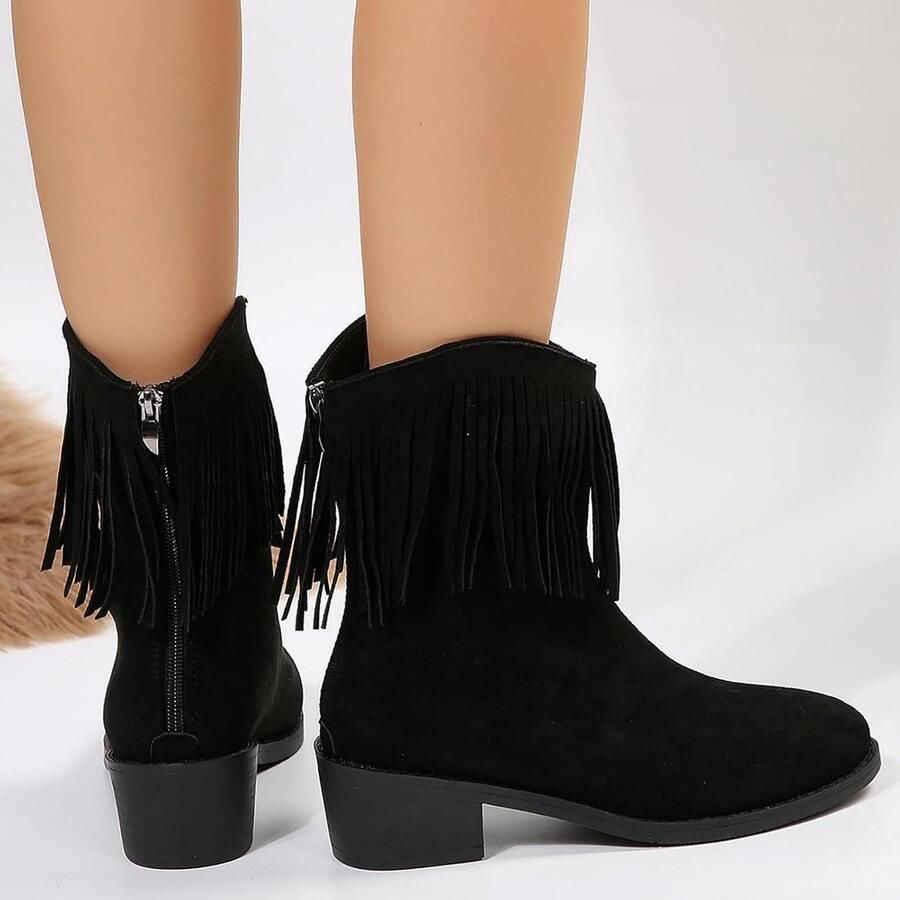 Allecto Enkellaarzen Puntige Teen Rits Winterlaarzen Zwart Dames Mode Geschikt voor 41 EU Kwastjes