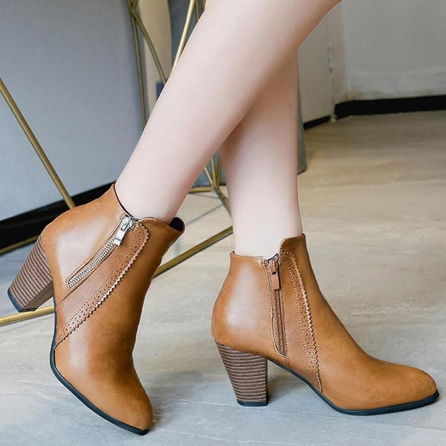 Allecto- Enkellaarzen voor dames Puntige neus Ritssluiting Halfblokken Winterlaarzen voor dames laarsjes Geschikt voor winter Zwart suède