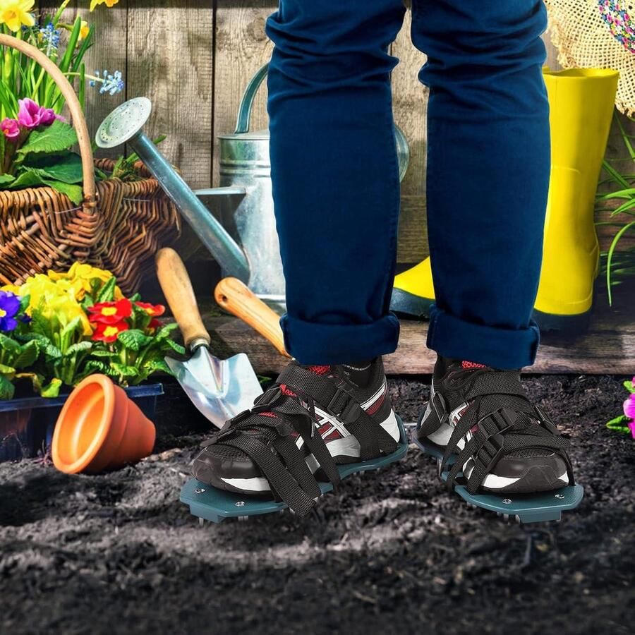 Allecto- Gazonbeluchter Schoenen 4 Verstelbare Riemen Verticuteren Beluchten Nagelschoenen Sandalen Geschikt voor Gazon Blauw Model