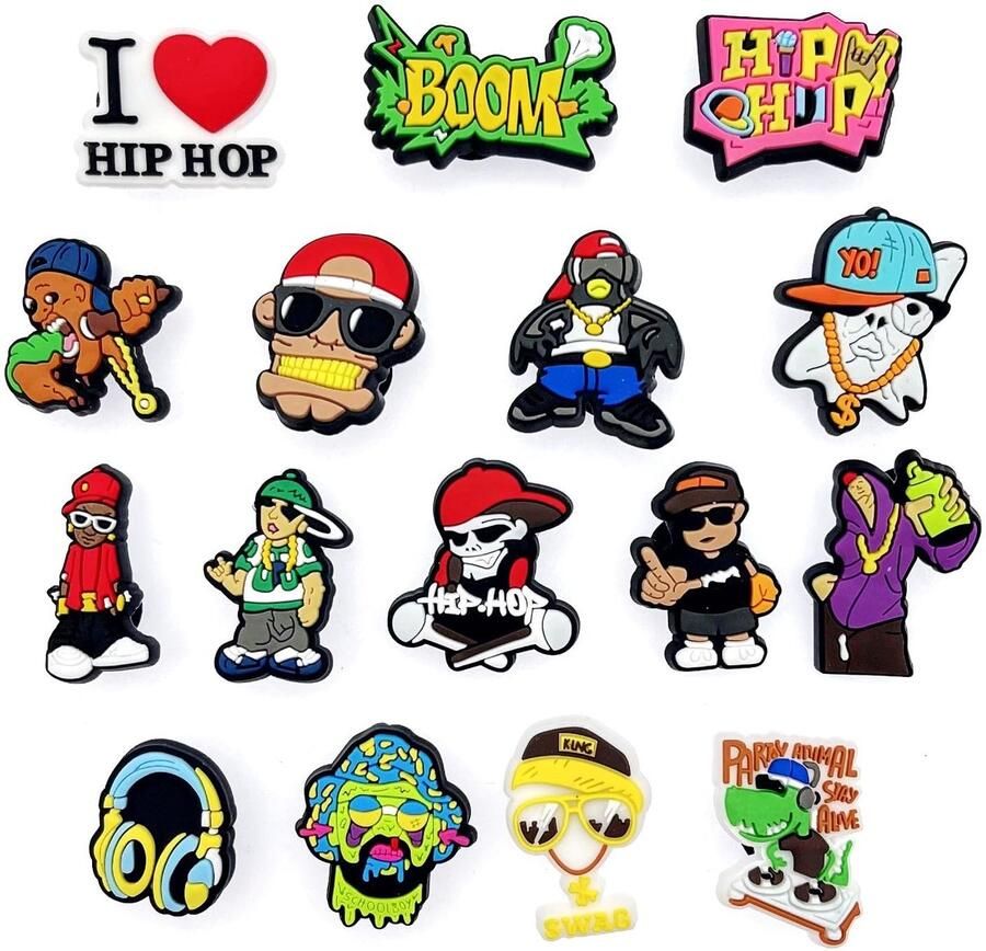 Allecto Hiphop-schoenhangers Coole decoratie voor Crocs 16 stuks Rubber Schoenbedels voor jongens Geschikt voor clogs