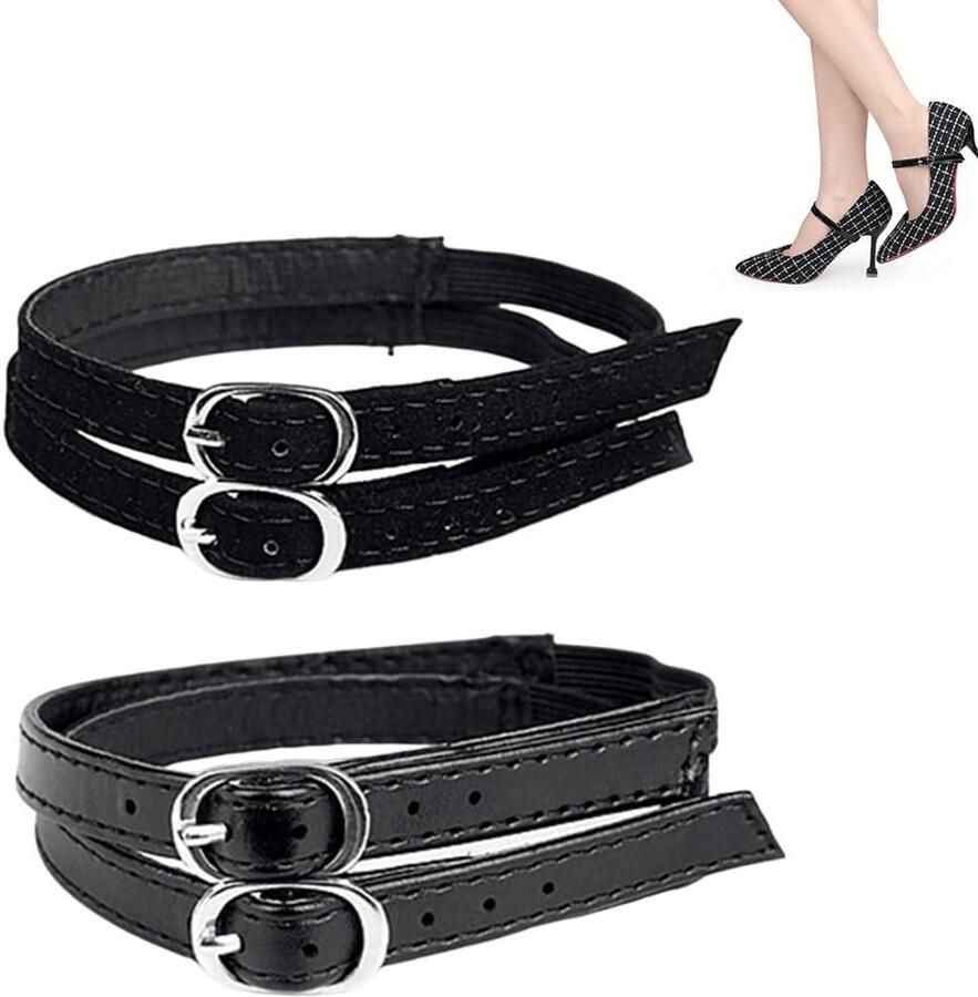 Allecto Hoge hielriemen Dames Verstelbaar Zwart Anti-losse Anti-slip PU Elastische banden Hoge hakken Sandalen Platte schoenen 2 paar Geschikt voor Vetergesp