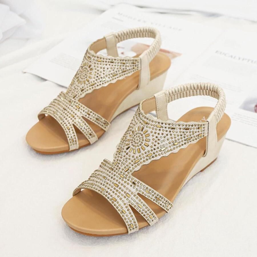 Allecto Lage hak sandalen Zomer Goud Strass Sleehak Platform Dames T-Bar Geschikt voor vrouwen
