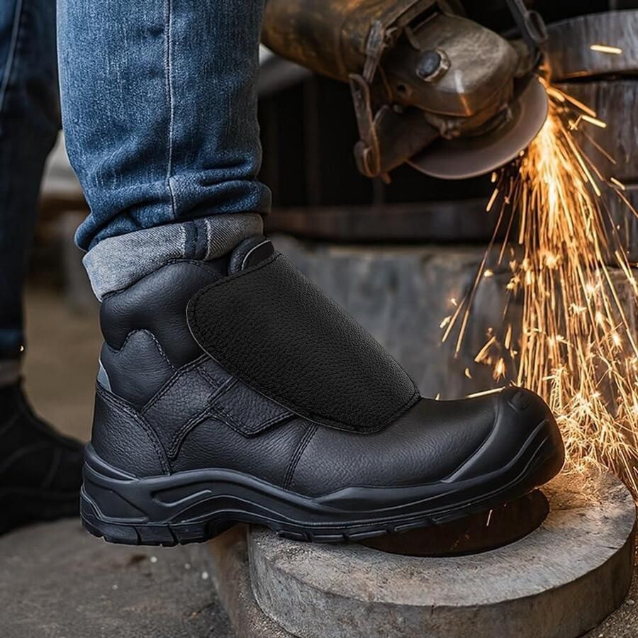 Allecto- Lederen lasspats Schoenenbeschermers Hitte- en slijtvast Lassen Laslaars Beenkappen Brandwerende laarzen Schoenhoezen Zwart nen