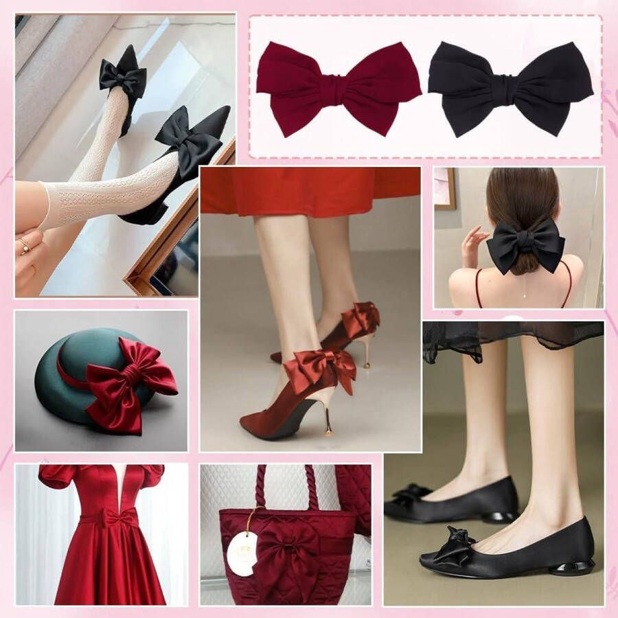 Allecto plus Bow Schoenclips voor Vrouwen Voor Bruiloft Hakken en Flats Zwart en Donkerrood Polyester Schoen Sieraden Clips