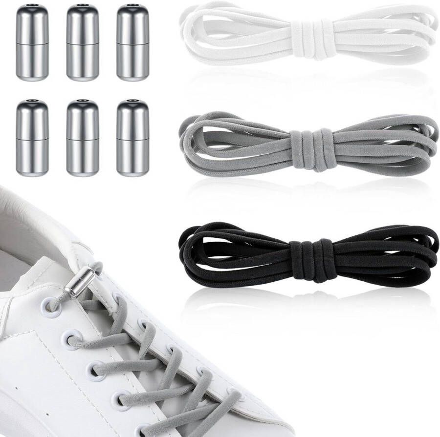 Allecto Plus Elastische schoenveters zonder strikken voor kinderen en volwassenen Snelsluiting Gymschoenen loopschoenen sportschoenen Zwart wit grijs Eén