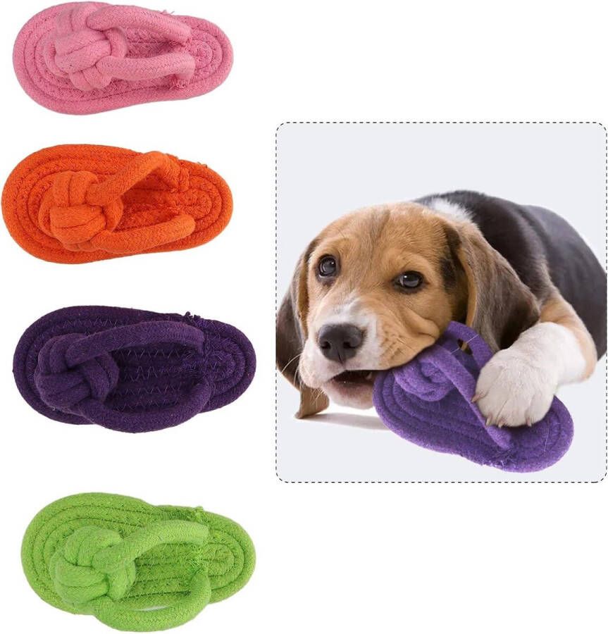 Allecto plus Kauwspeelgoed voor Puppies Pantoffel Schoen Flip Flops Vorm Tandjes Verzorging Maaltanden Reiniging Katoenen Touw Materiaal Set van 4 stuks