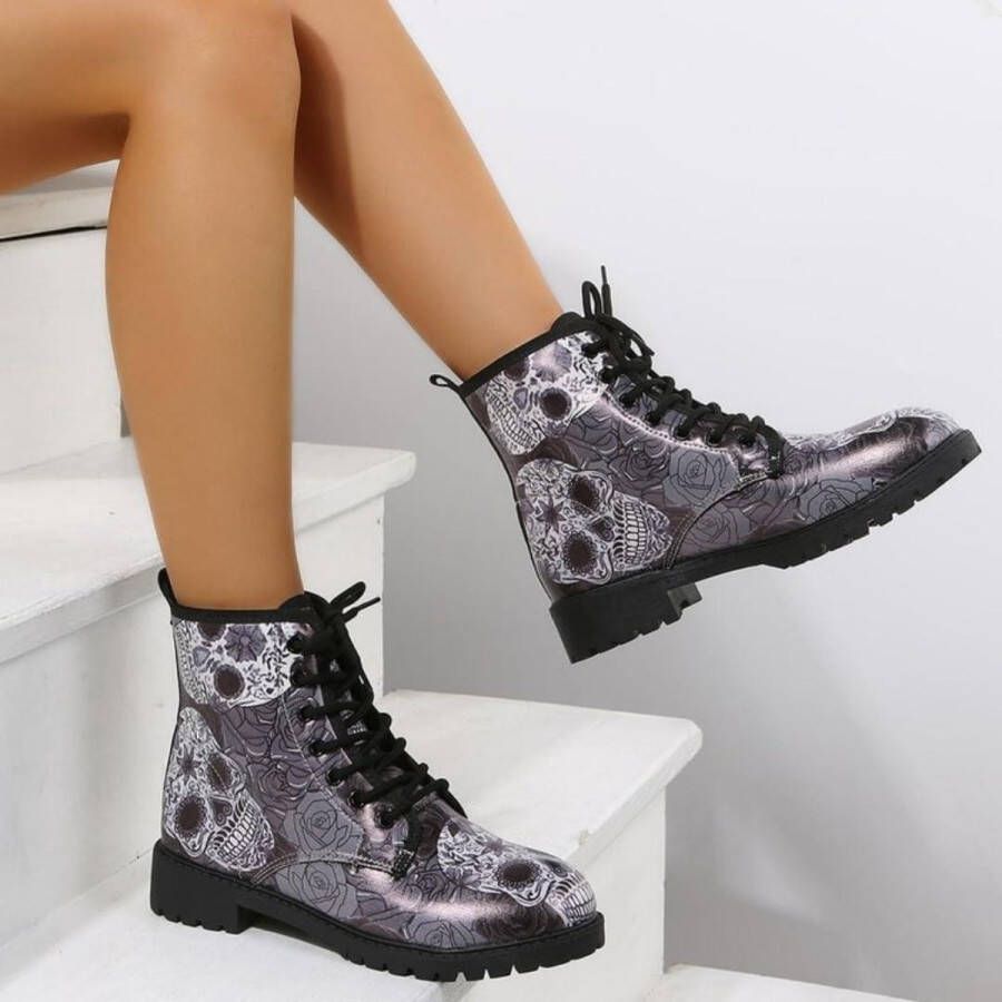Allecto Plus Korte Dameslaarzen met Skull Rose Patroon Herfst & Winter Veterlaarzen Gevechtslaarzen Enkellaarzen