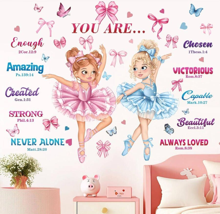 Allecto plus Roze Muurstickers Dansend Meisje Ballerina met Inspirerend Zeggen en Vlinder Motief voor Baby Kwekerij en Meisjes Kamer Decoratie