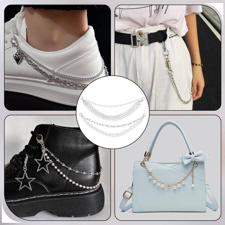 Allecto plus Schoenen bedels met parels 4 stuks 2 stijlen 3-laags metalen ketting Geschikt voor klompen sandalen en pantoffels Feestgeschenken