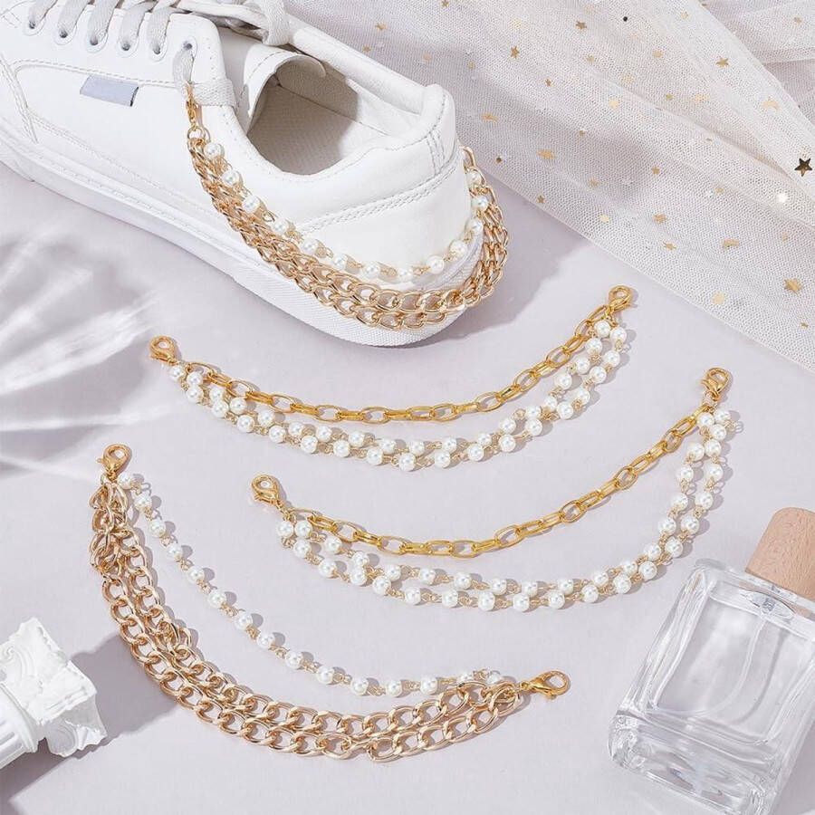 Allecto plus Schoenen Kettingen met Parel Kralen en Gouden Accessoires Diy Schoen- en Broekkettingmetalen Klomp Sandalen 4 Stuks