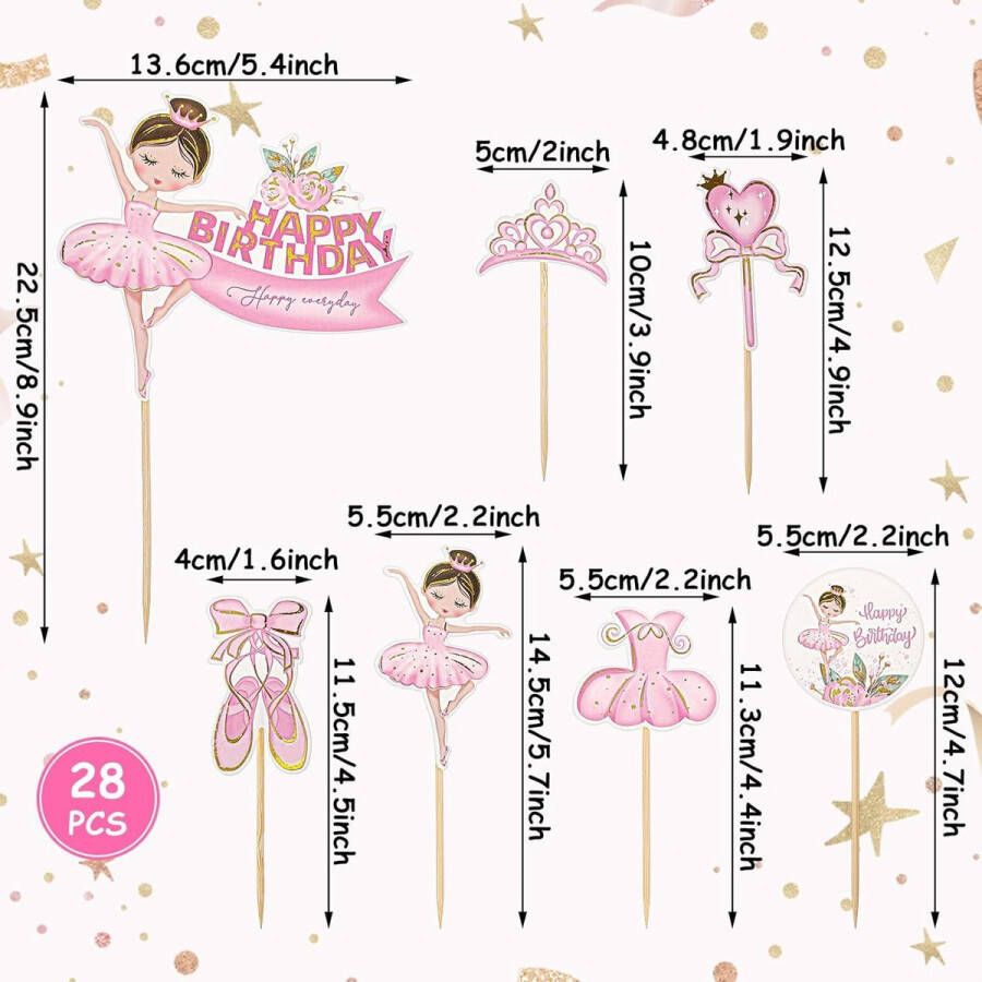 Allecto Plus Set van 28 Ballerina taarttoppers en cupcaketoppers voor balletthema verjaardagsfeesten