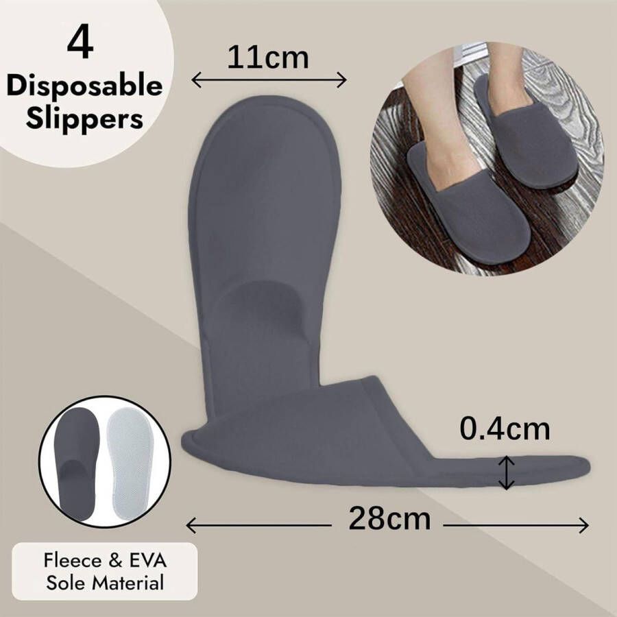 Allecto plus Set van 4 paar badstof hotelslippers voor en Universele maat Wegwerp gastpantoffels voor bruiloft Grijs