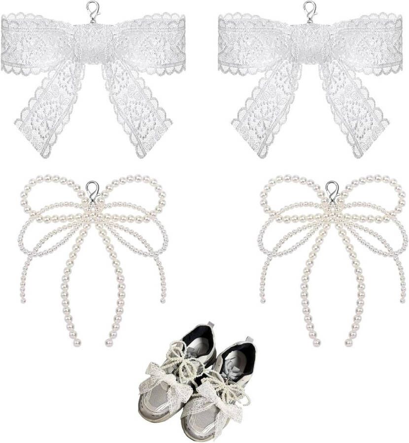 Allecto Plus Set van 4 parelstrikjes voor sneakers Schoenaccessoires voor een elegante look Parelketting voor vrouwen DIY veterbedels Wit Grote maat Kunststof Geen edelstenen